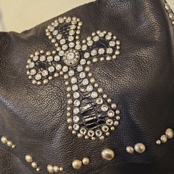 Leatherock USA Emb. Crystal Cross Blk. Studded Handbag Vintage EUC - Picture 5 of 8